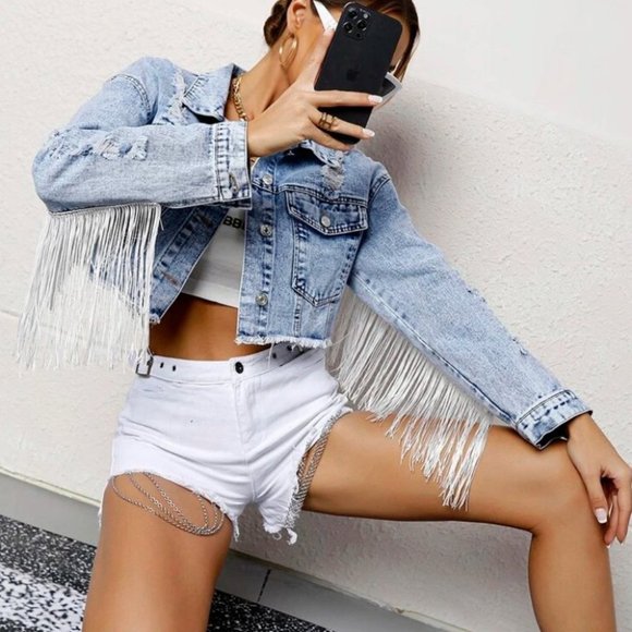 Boho  Button Front Crop Raw Hem Denim Jacket - Picture 2 of 10